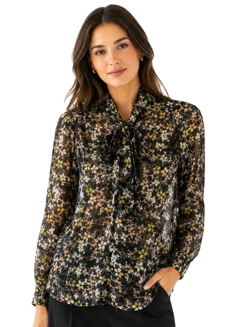 Worth Navy Floral Sheer Silk Blouse With Tie NWT